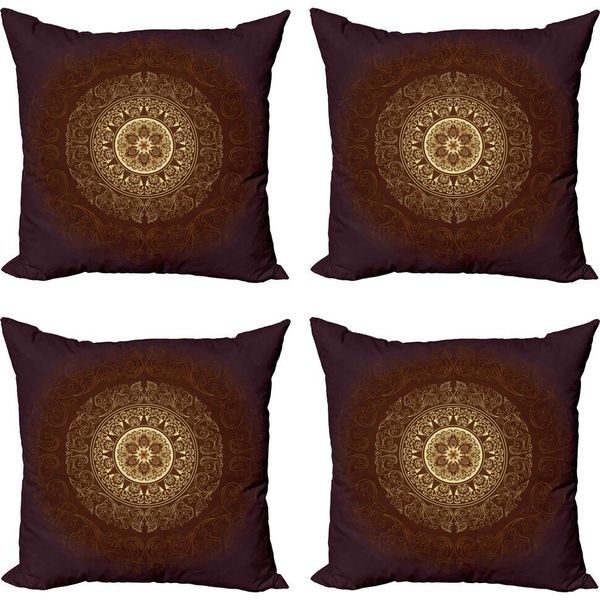 Abakuhaus Set Di Federe Per Cuscini Mandala (4 Pezzi), Cultura Spirituale, Stampa Digitale Moderna Su Entrambi I Lati, 40 Cm X 40 Cm, Marrone Castagna E Giallo-image