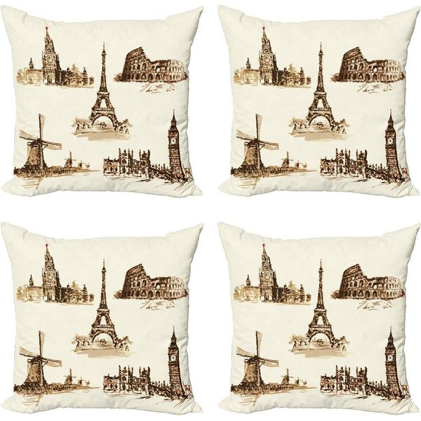Abakuhaus Set Di Federe (4 Pezzi), Città Europee, Stampa Digitale Moderna Su Entrambi I Lati, 50 Cm X 50 Cm, Marrone E Crema-image