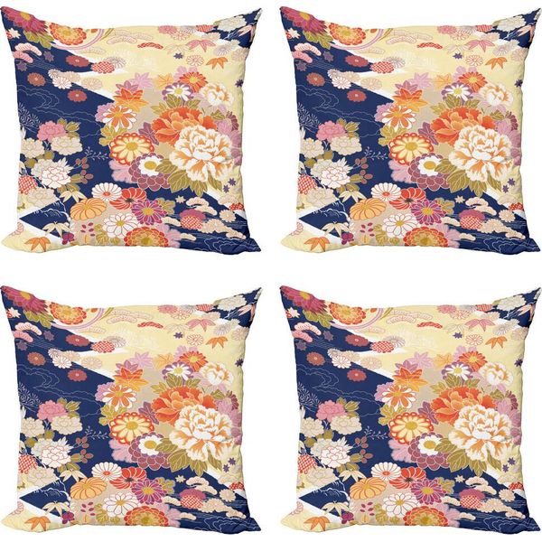 Abakuhaus Set Di Federe Giapponesi (4 Pezzi), Fiori Tradizionali, Stampa Digitale Moderna Su Entrambi I Lati, 50 Cm X 50 Cm, Multicolore-image