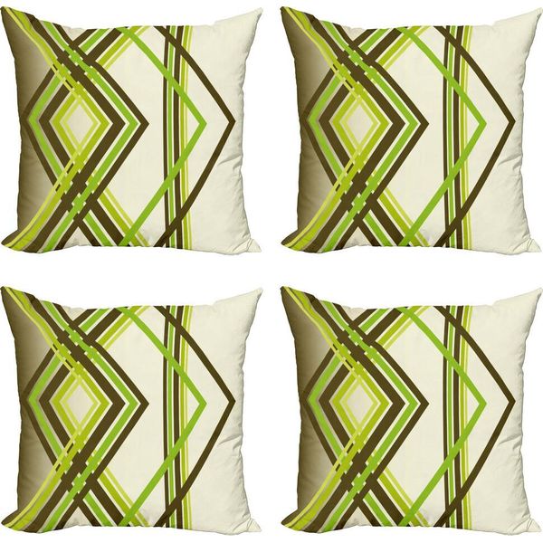 Abakuhaus Set Di Federe Astratte (4 Pezzi), Forme Diamantate Psichedeliche, Stampa Digitale Moderna Su Entrambi I Lati, 60 Cm X 60 Cm, Verde Lime Verde Militare-image