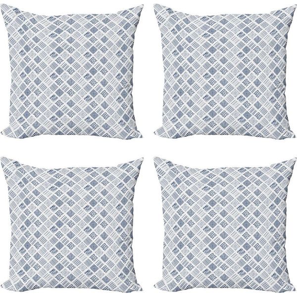 Abakuhaus Set Di Federe Astratte (4 Pezzi), Linee Squadrate E Pois, Stampa Digitale Moderna Su Entrambi I Lati, 40 Cm X 40 Cm, Indaco-image