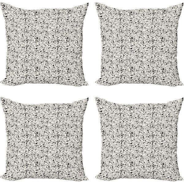 Abakuhaus Set Di Federe Astratte (4 Pezzi), Linee Disordinate, Stampa Digitale Moderna Su Entrambi I Lati, 50 Cm X 50 Cm, Nero E Crema-image