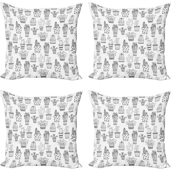 Abakuhaus Set Di Federe Per Cuscini Cactus (4 Pezzi), Doodle Flora In Vasi, Stampa Digitale Moderna Su Entrambi I Lati, 40 Cm X 40 Cm, Grigio E Bianco-image