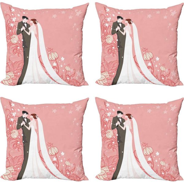 Set Di Federe Per Cuscini Da Matrimonio Abakuhaus (4 Pezzi), Sposi Che Ballano Con Fiori, Stampa Digitale Moderna Su Entrambi I Lati, 40 Cm X 40 Cm, Rosa-Nero-Bianco-image