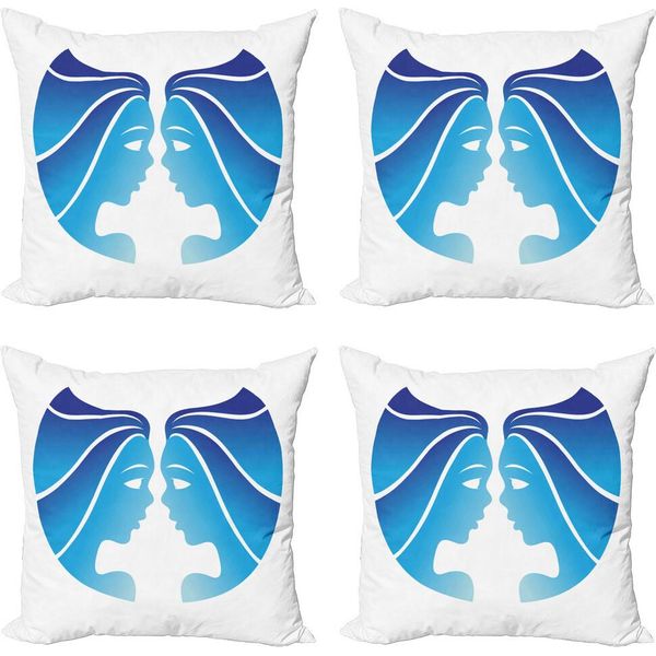 Abakuhaus Set Di Federe Per Cuscini Con Motivo Zodiacale Gemelli (4 Pezzi), Twins Faces Blu, Stampa Digitale Moderna Su Entrambi I Lati, 40 Cm X 40 Cm, Blu, Azzurro E Bianco-image