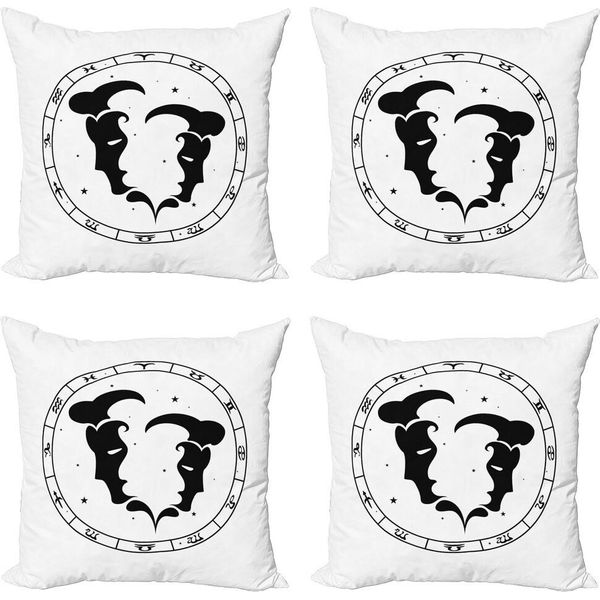 Abakuhaus Set Di Federe Per Cuscini Con Motivo Zodiacale Gemelli (4 Pezzi), Ritratti Maschili, Stampa Digitale Moderna Su Entrambi I Lati, 50 Cm X 50 Cm, Bianco E Nero-image