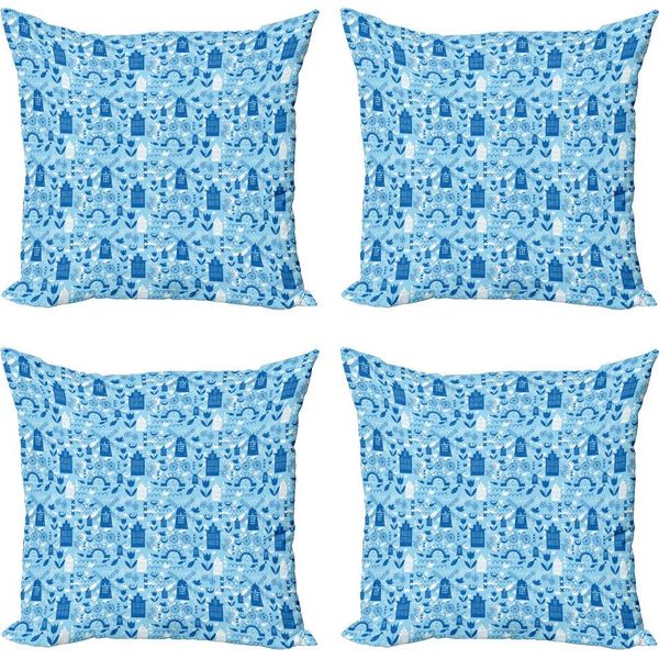 Abakuhaus Set Di Federe Olandesi (4 Pezzi), Disegno Con Mulini A Vento Cartoon, Stampa Digitale Moderna Su Entrambi I Lati, 40 Cm X 40 Cm, Azzurro Pallido Blu Navy-image