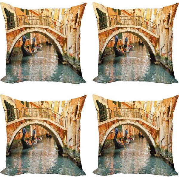 Abakuhaus Venezia Set Di Federe (4 Pezzi), Ponte Gondola, Stampa Digitale Moderna Su Entrambi I Lati, 50 Cm X 50 Cm, Arancione Avorio Blu Grigio-image
