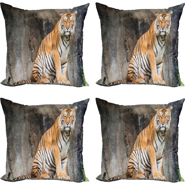 Abakuhaus Set Di Federe Per Cuscini Zoo (4 Pezzi), Gatto Tigre Del Bengala Predator, Stampa Digitale Moderna Su Entrambi I Lati, 40 Cm X 40 Cm, Marrone Chiaro, Nero E Bianco-image
