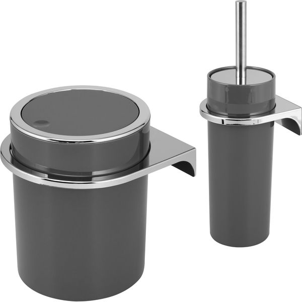 Bremermann Set Da Bagno 2 Pezzi Savona , Cestino Per Cosmetici Da 5,5 Litri E Set Per Wc Con Supporto A Parete, Grigio Rotondo-image