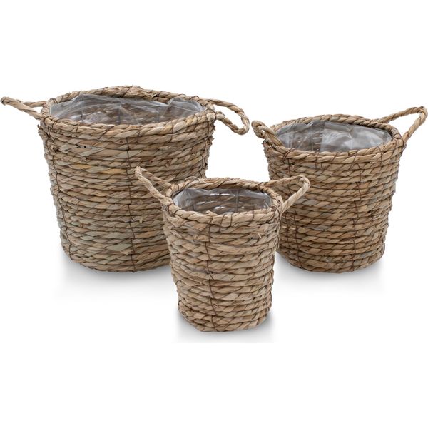 Cestino Per Piante In Seagrass Con Manico In Set Da 3 - Circa 25 / 20 / 15 Cm - Set Di Cestini Con Foglio Di Alluminio-image