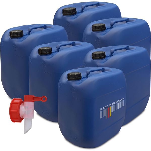 Plasteo® Set Di 6 Taniche D'acqua Da 30 Litri Blu Con 1X Rubinetto Aft | Sicuro Per Gli Alimenti | Senza Bpa | Stoccaggio E Trasporto | Approvazione Onu-image