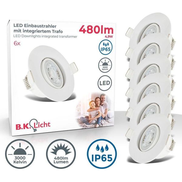 B.K.Licht - Set Di 6 Faretti Led Da Incasso 230V, Faretti Led Orientabili Per Il Bagno IP65, Faretti Led Da Soffitto, Faretti Led, Faretti Da Soffitto, Lampada Da Bagno, 9 X 4,2 Cm (Dxh), Bianco-image