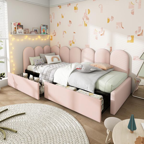 Letto Imbottito Flieks 90X200Cm Con 2 Cassetti, Divano Letto Con Rete A Doghe, Letto Da Giorno Letto Per Ospiti Letto Contenitore Divano Letto Letto Per Bambini Letto Per Ragazzi, Velluto, Rosa-image