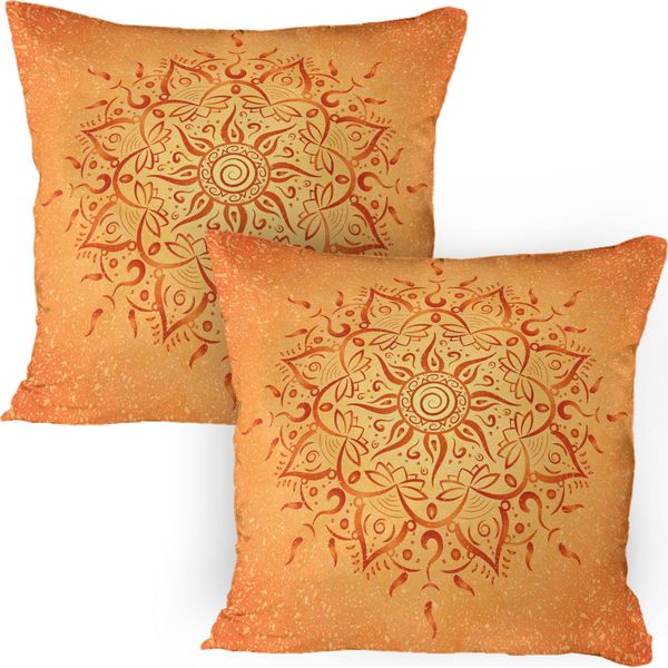 Abakuhaus Federa Per Cuscino Lotus Confezione Da 2, Mandala Spirituale Con Girasoli Colori Caldi E Culturali Amici Buddisti, Federa Per Cuscino Decorativa Stampata, 80X80 Cm, Arancione-image