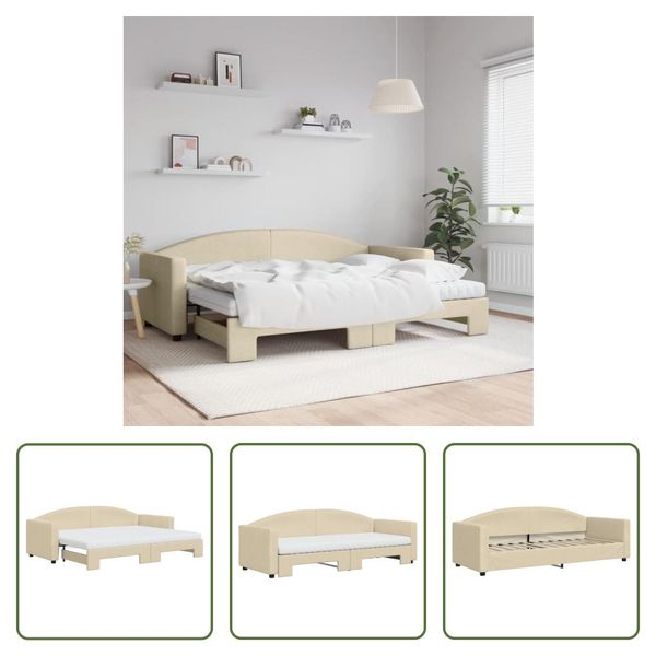 The Living Store Letto Da Giorno Allungabile Con Materassi Panna 80X200 Cm In Tessuto-image