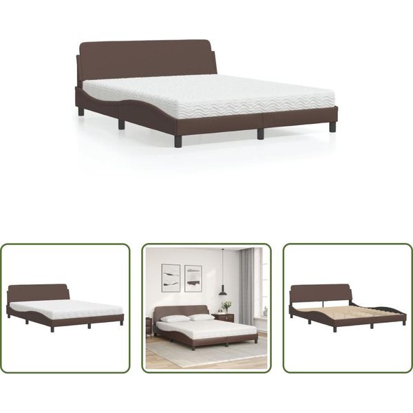 The Living Store Letto Con Materasso Marrone 160X200 Cm In Ecopelle-image