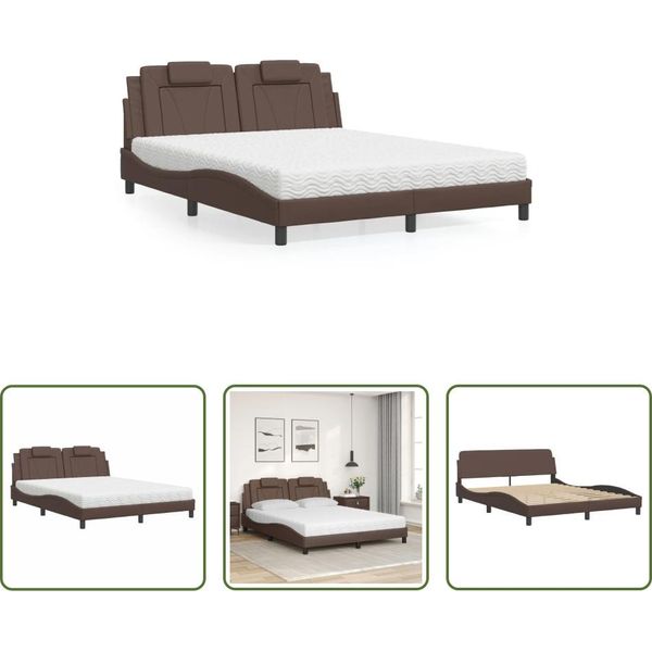 The Living Store Letto Con Materasso Marrone 160X200 Cm In Ecopelle-image