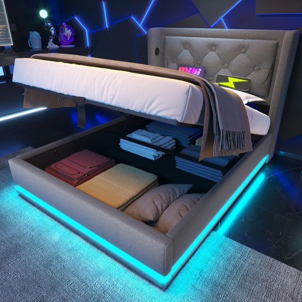 Letto Imbottito Flieks 90X200Cm Con Usb E Type-C, Letto Singolo Per Ragazzi Con Led, Letto Contenitore Idraulico Con Rete A Doghe, Cotone, Grigio-image