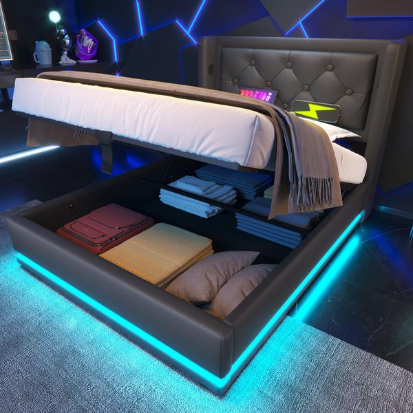 Letto Imbottito Flieks 90X200Cm Con Usb E Type-C, Letto Singolo Per Ragazzi Con Led, Letto Contenitore Idraulico Con Rete A Doghe, Pu, Nero-image