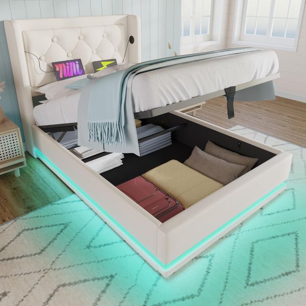 Letto Imbottito Flieks 90X200Cm Con Usb E Type-C, Letto Singolo Per Ragazzi Con Led, Letto Contenitore Idraulico Con Rete A Doghe, Pelle Finta, Bianco-image