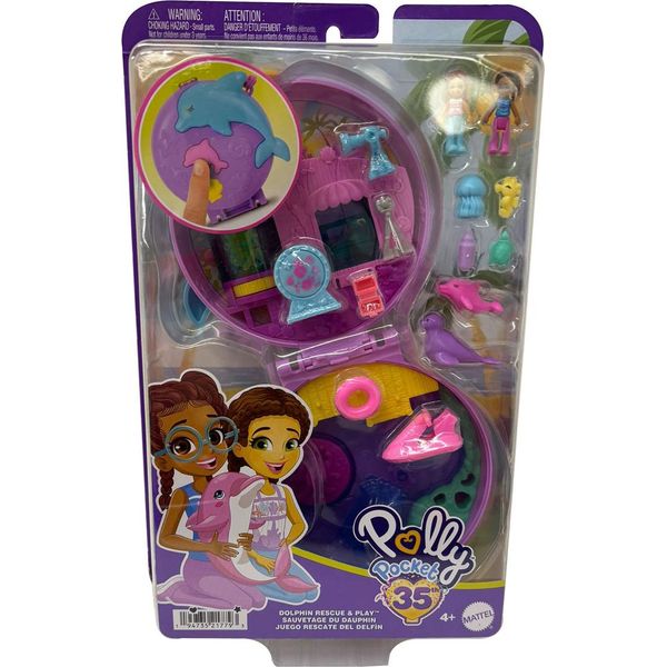 Polly Pocket Dolphin Rescue Centre 35°, 2 Mini Bambole, 12 Accessori Da Viaggio, Acquario, Mattel HWN96-image