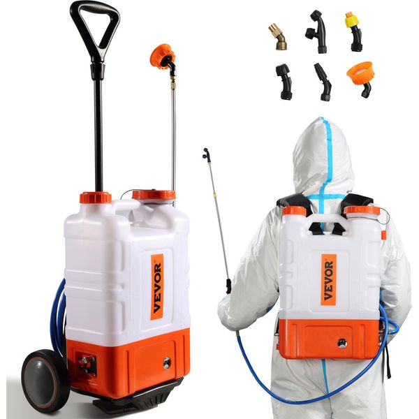 Spruzzatore A Zaino Vevor Con Carrello, Pressione Regolabile 0-94 Psi, Serbatoio Da 15 Litri Su Ruote, Con 8 Ugelli, 2 Bacchette, Coperchio A Collo Largo Per Giardinaggio, Diserbo, Irrorazione, Pulizia-image