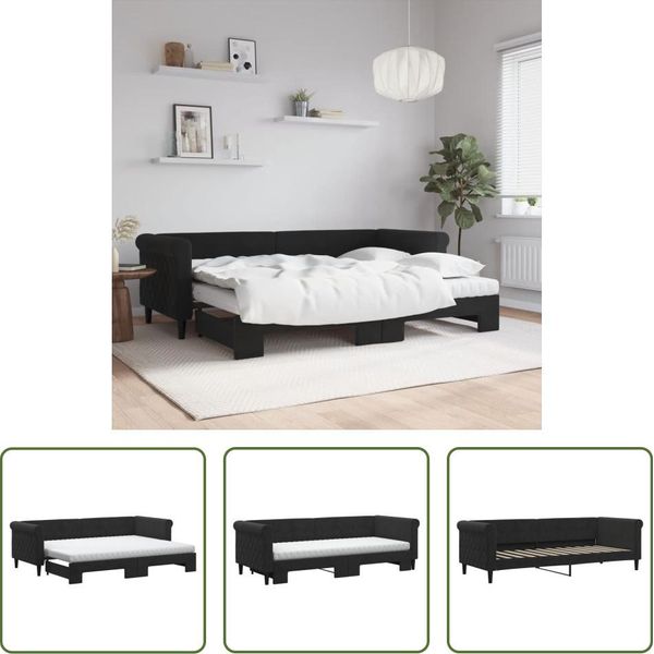 The Living Store Letto Da Giorno Allungabile Con Materassi Nero 80X200 Cm In Velluto-image