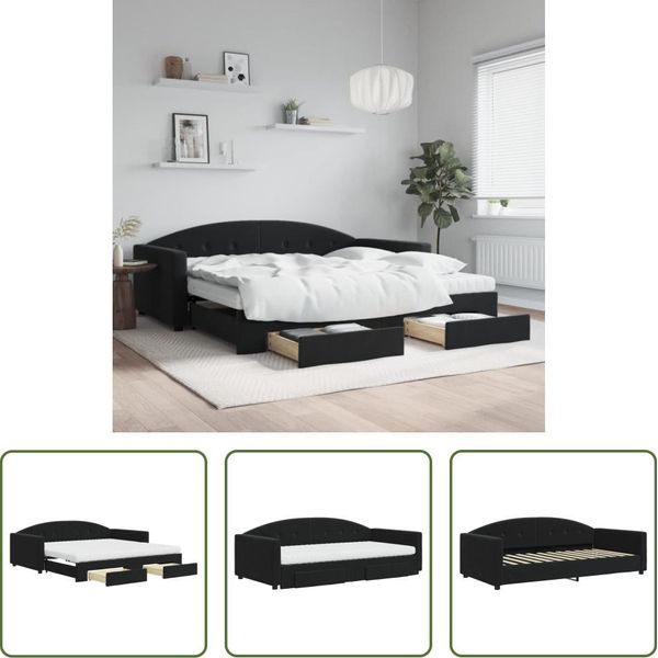The Living Store Letto Da Giorno Allungabile Con Cassetti Nero 100X200 Cm In Velluto-image