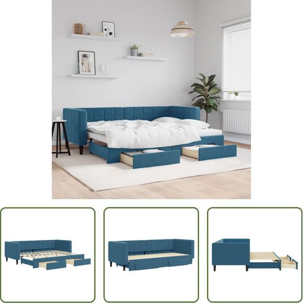 The Living Store Daybed Allungabile Con Cassetti Blu 80X200 Cm Velluto-image