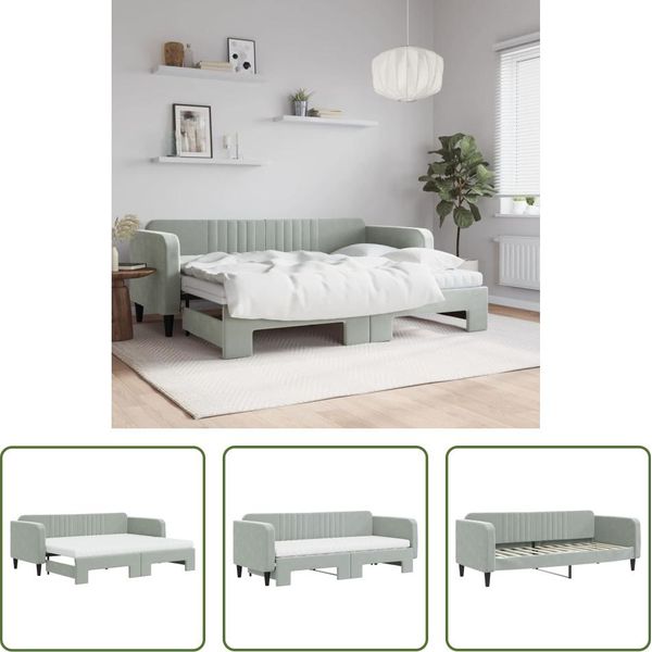 The Living Store Letto Da Giorno Allungabile Con Materassi Grigio Chiaro 80X200 Cm In Velluto-image