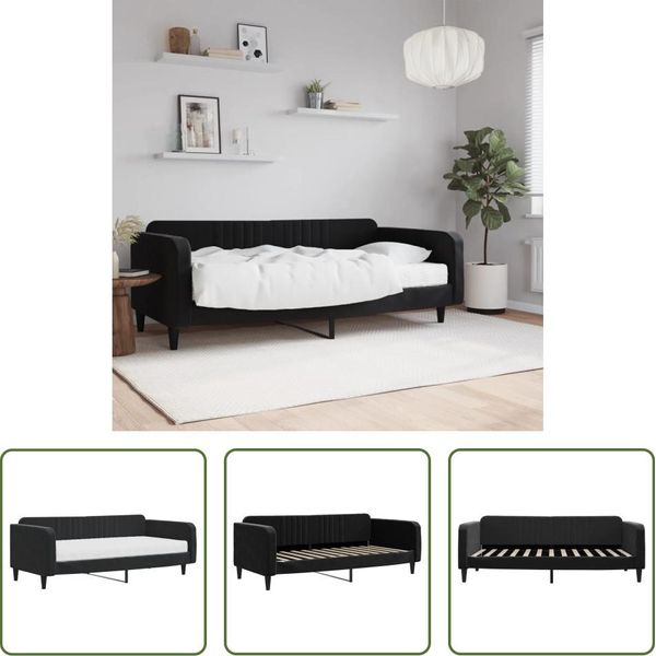 The Living Store Letto Da Giorno Con Materasso Nero 100X200 Cm In Velluto-image
