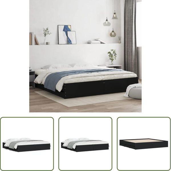 The Living Store Giroletto Con Cassetti Nero 200X200 Cm In Materiale Ligneo-image