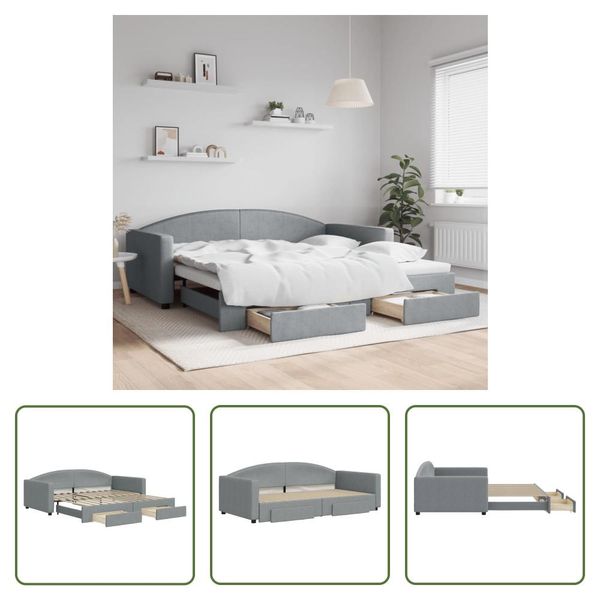 The Living Store Letto Da Giorno Allungabile Con Cassetti Grigio Chiaro 100X200 Cm Tessuto-image