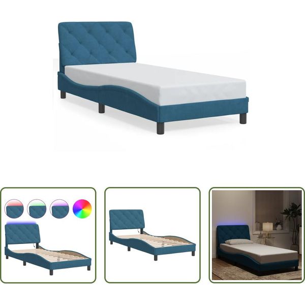 The Living Store Struttura Letto Con Luci Led Blu 90X200 Cm In Velluto-image