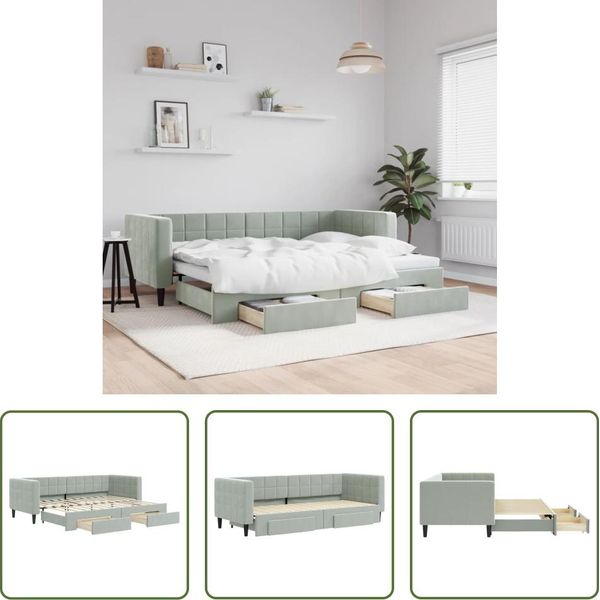 The Living Store Letto Da Giorno Allungabile Con Cassetti Grigio Chiaro 80X200 Cm In Velluto-image