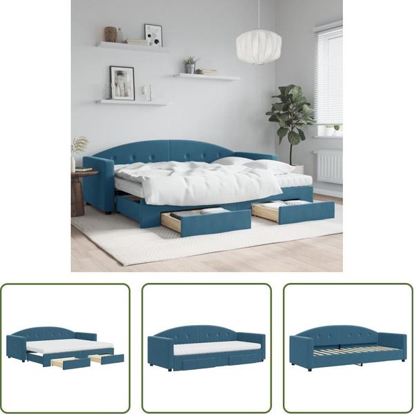 The Living Store Daybed Allungabile Con Cassetti Blu 80X200 Cm Velluto-image