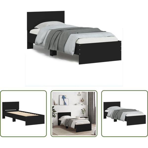 The Living Store Struttura Letto Con Testiera Nera 90X200 Cm In Materiale Ligneo-image