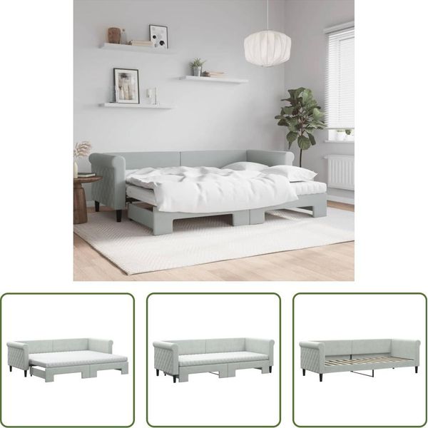The Living Store Letto Da Giorno Allungabile Con Materassi Grigio Chiaro 80X200 Cm In Velluto-image