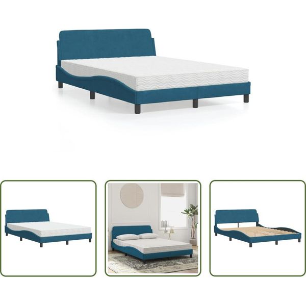 The Living Store Letto Con Materasso Blu 120X200 Cm In Velluto-image