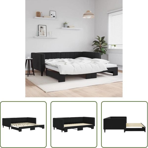 The Living Store Daybed Allungabile Nero 100X200 Cm In Velluto-image