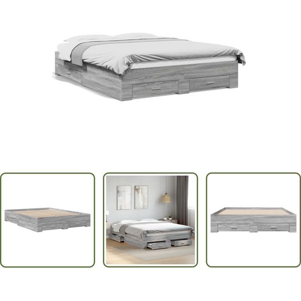 The Living Store Struttura Letto Con Cassetti Grey Sonoma 160X200 Cm In Materiale Ligneo-image