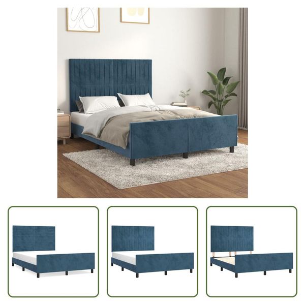 The Living Store Struttura Letto Con Testiera In Velluto Blu Scuro 140X190 Cm-image
