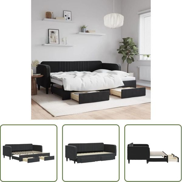 The Living Store Letto Da Giorno Allungabile Con Cassetti Nero 80X200 Cm In Velluto-image