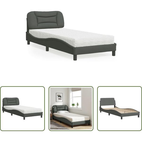 The Living Store Letto Con Materasso Grigio Scuro 80X200 Cm In Tessuto-image