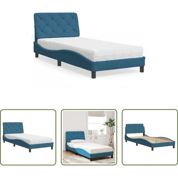 The Living Store Letto Con Materasso Blu 90X200 Cm In Velluto-image