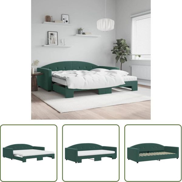 The Living Store Letto Da Giorno Allungabile Con Materassi Verde Scuro 100X200 Cm In Velluto-image