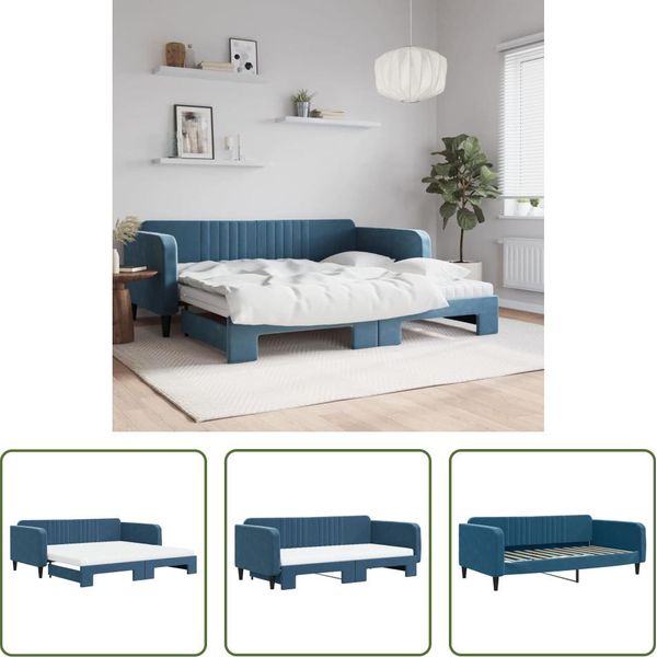 The Living Store Lettino Allungabile Con Materassi Blu 100X200 Cm In Velluto-image