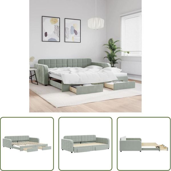 The Living Store Letto Da Giorno Allungabile Con Cassetti Grigio Chiaro 100X200 Cm In Velluto-image