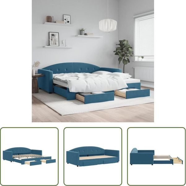 The Living Store Daybed Allungabile Con Cassetti Blu 100X200 Cm Velluto-image
